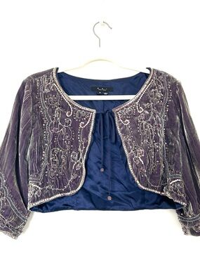 ECI Purple Embellished Velvet Cropped Jacket with Navy Lining